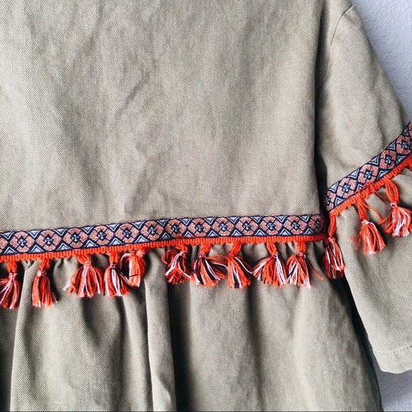 Zara Womens Size XS Denim Army Green Cropped Fringe Jacket Tassels Boho Boxy Fit - Picture 9 of 9